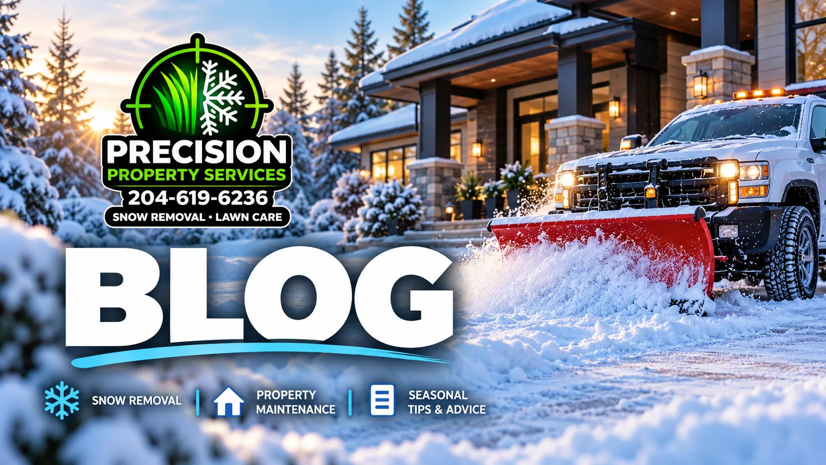 Precision Property Services blog: snow removal, property maintenance, and seasonal tips and advice. A plow truck clearing a snowy driveway in front of a house.