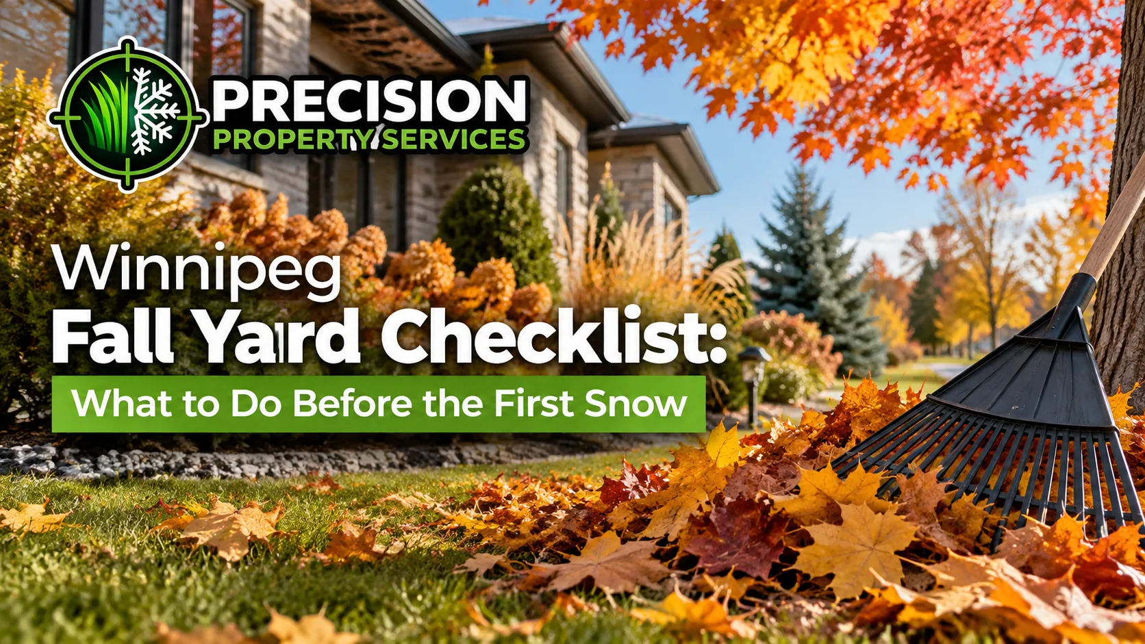 Winnipeg Fall Yard Checklist: What to Do Before the First Snow. A rake and fall leaves on a lawn in front of a house with autumn trees.